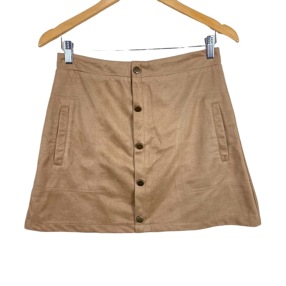 I. Joah Skirt Size Small Tan Mini Skirt Back Zip Soft Lining Velvet Button-like